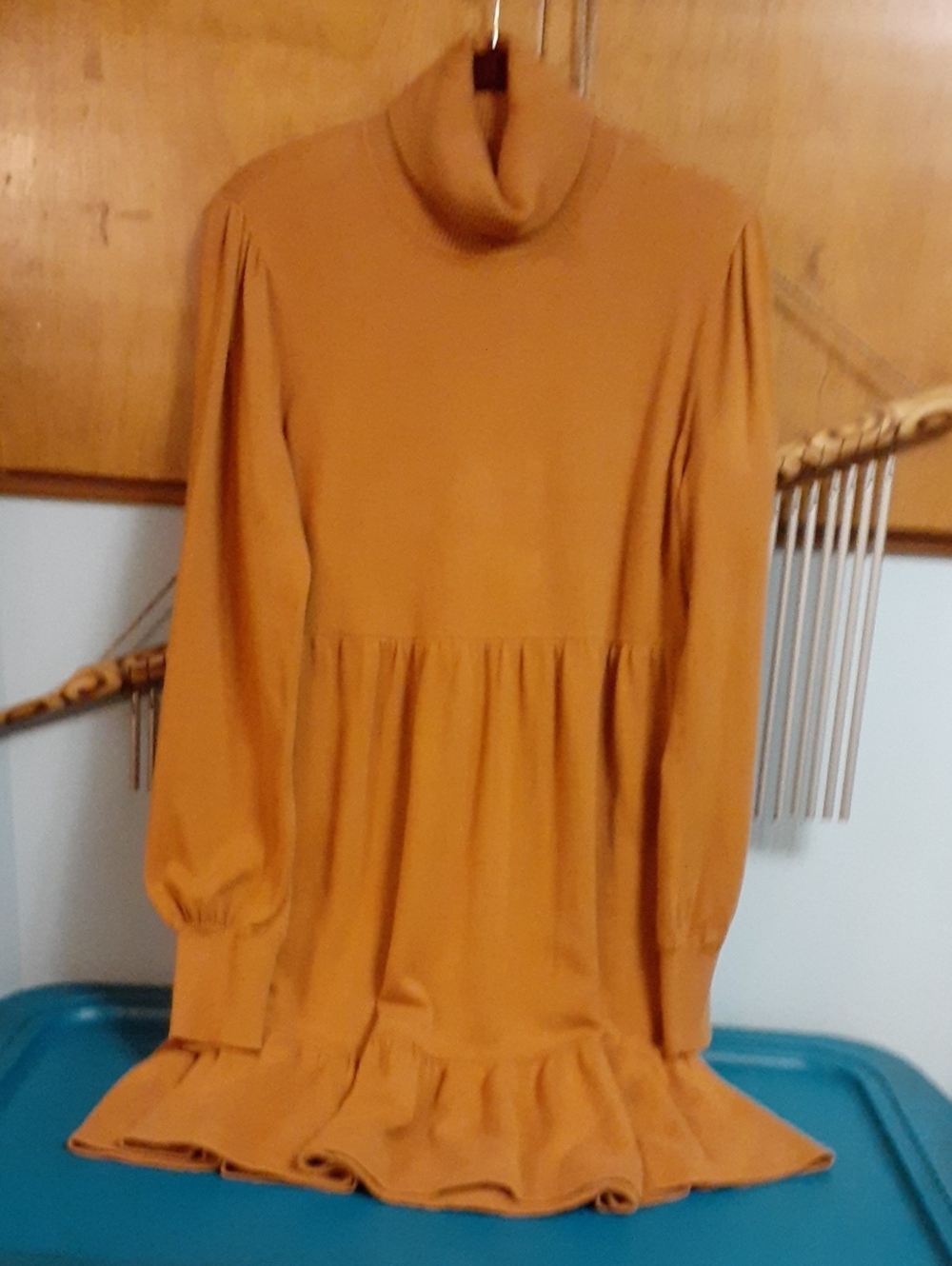 Turtleneck Long-Sleeve Ruffle Hem sweater Dress in goldenrod